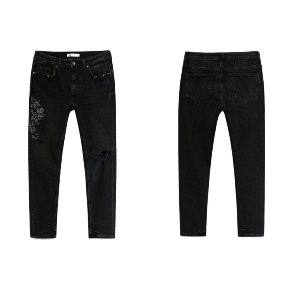 ZARA FLORAL EMBROIDERED JEANS BLACK | 0905/410